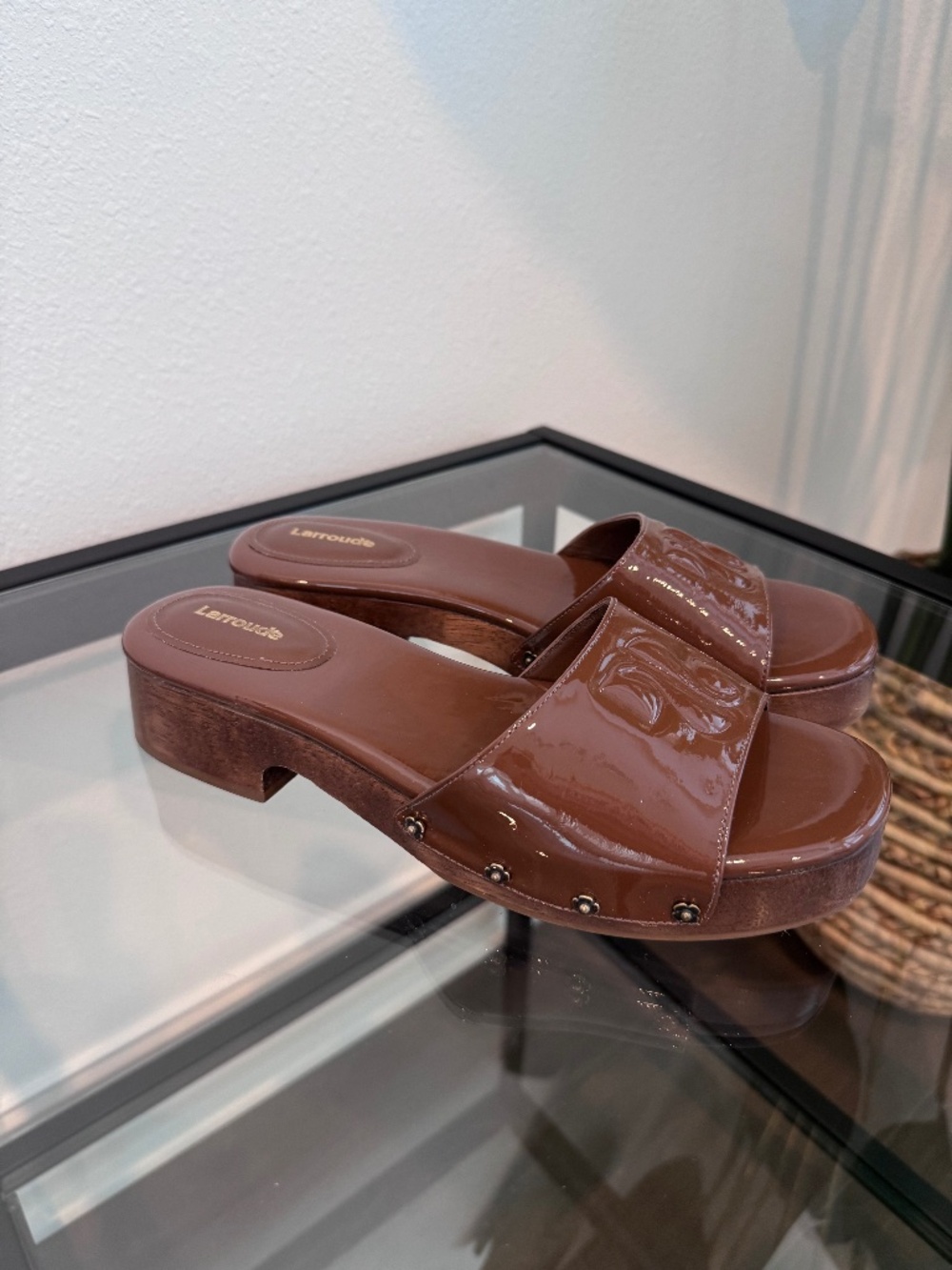 Larroude Brown Patent Leather Platform Clog Mules